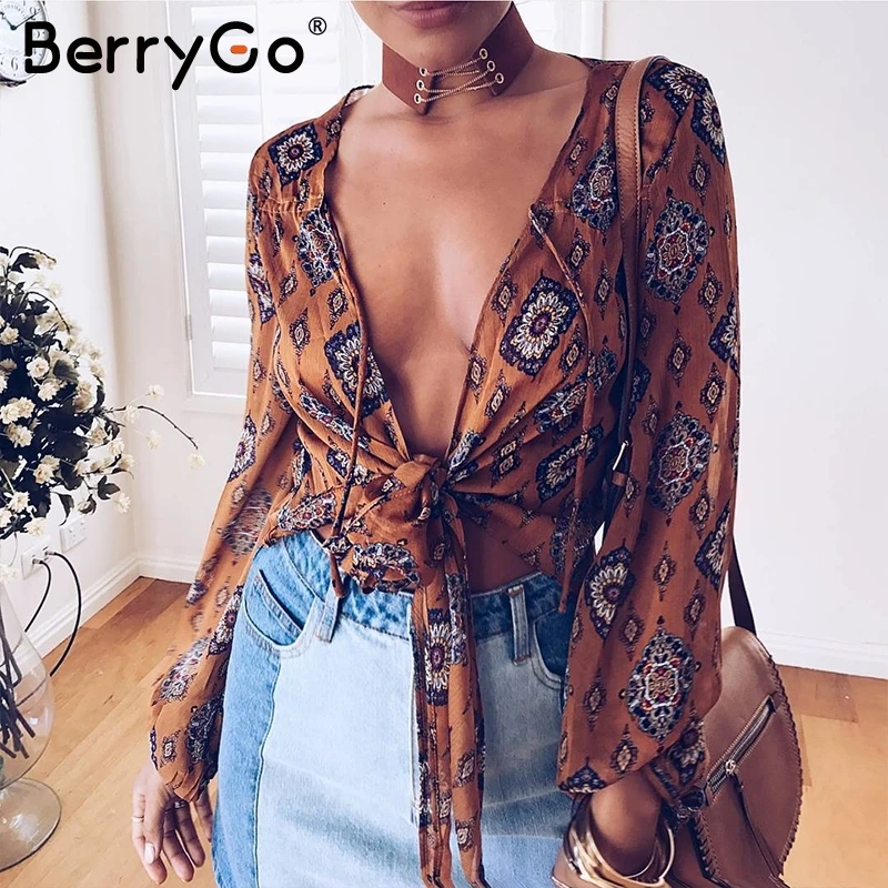 Cheap BerryGo Print v neck chiffon blouse shirt Women summer long sleeve crop top blouse 2019 Sexy streetwear bow female blouse blusas