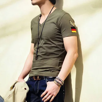 

Summer Casual Slim Fit V Neck T Shirts For Men Armband Short Sleeve Army Hking Camping Men's T-Shirt Cotton TShirt Clothing