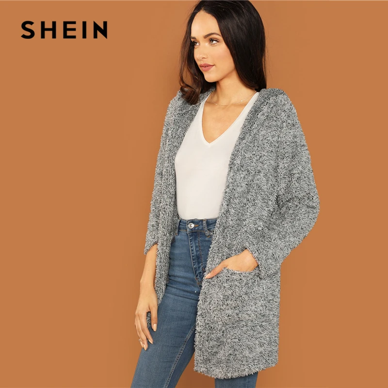 Goedkoop SHEIN Grey Casual Solid Hooded Pocket Patched Marled Teddy Jas Herfst Campus Uitgaan Vrouwen Jas En Bovenkleding