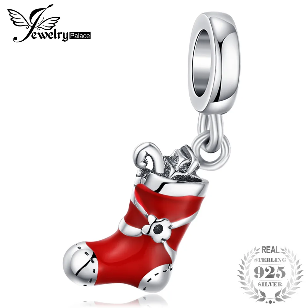 

JewelryPalace 925 Sterling Silver Red Enamel Christmas Sock Dangle Charm Beads Fit Bracelets New Hot Sale For Women As Gifts