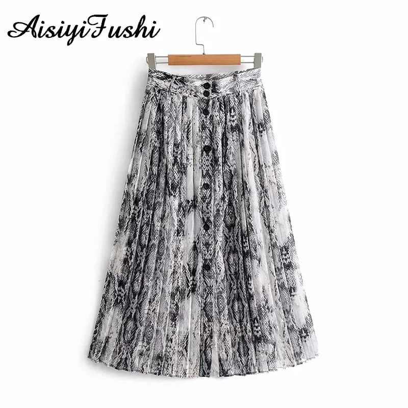 Черные женские юбки плиссированные миди тюлевые змеиный принт юбка с высокой талией на пуговицах уличная Женская трапециевидная длинная юбка весна