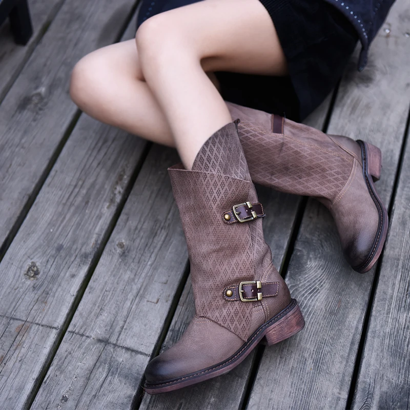 

Artmu Fashion Women Boots Handmade Genuine Leather Boots Cowhide Street Style Buckle Thick Heel Mid-calf Boots Lady High Boots