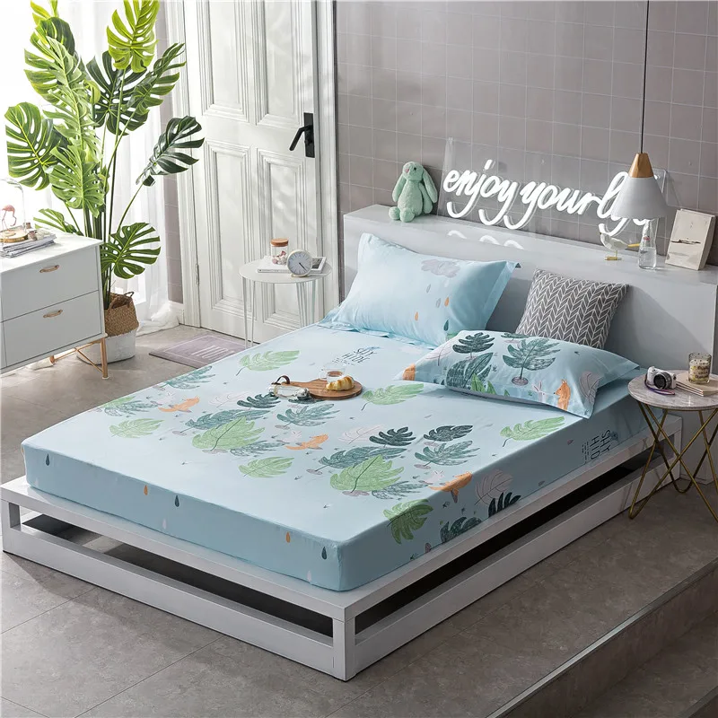 

Stylish Green Leaf Pattern 100% Cotton Fitted Sheet Bedding Linens Bed Cover With Elastic Band Home Textile 180X200CM 3 Size