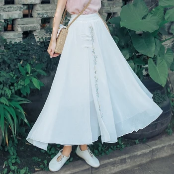 

#1709 Summer Vintage Indie Folk Chiffon In Women High Waist Elastic Loose Floral Embroidery Retro Long Skirts For Women White