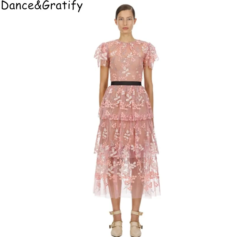 

Women Elegant Self Portrait Luxury Fashion Embroidery Flowers Mesh Runway Dresses Brand Summer Party Long Vesti