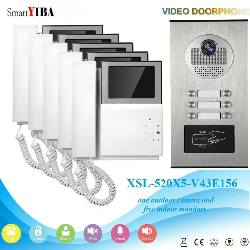 

SmartYIBA 4.3inch 5 Units House/Family RFID Video Door Phone Doorbell Intercom System One To Four Video Doorphone For Apartment