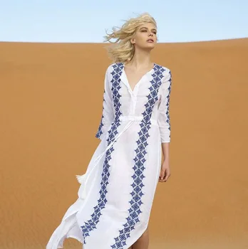 

Beach Dresses Robe Plage Bathing Suit Cover Ups Dress Swimsuits Pareo For The Cotton Embroidered Skirt Neck High Waist Pull Rope