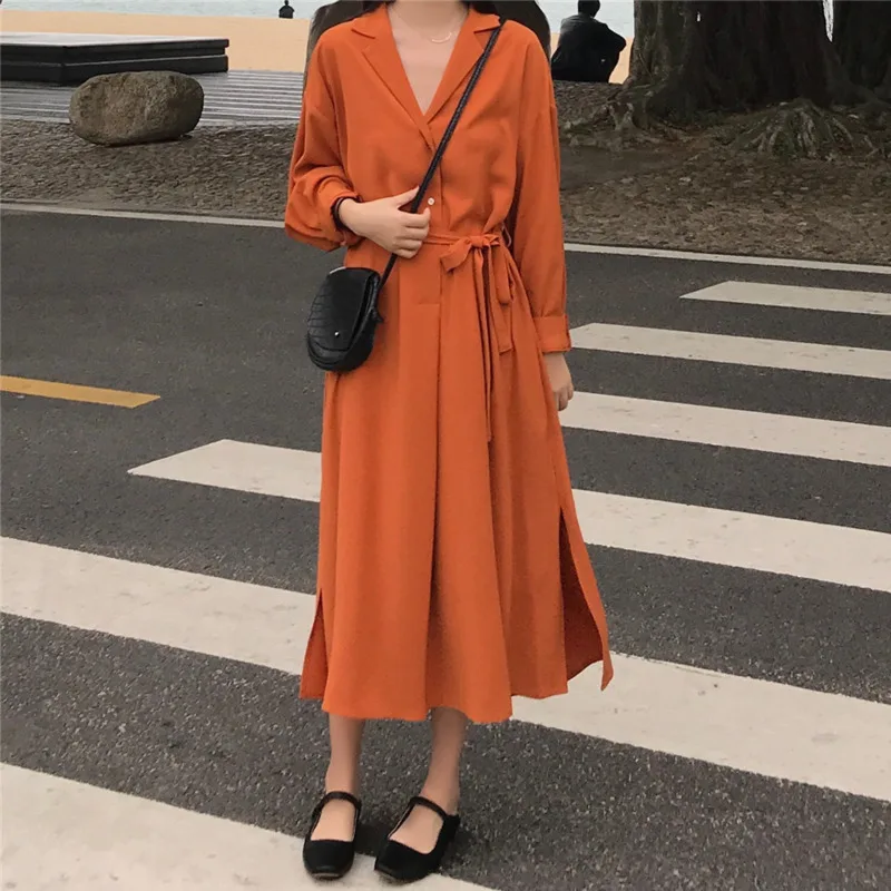 

[EWQ] 2020 spring new long-sleeved large size lapel single-breasted tie waist chiffon fashion trend women summer dress QF884