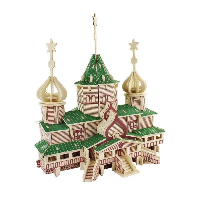 

3D Log Cabin Jigsaw Toys Wooden Puzzles Kids Children Plaything Russian ChristmasEuropean American Style Tourist Attractions