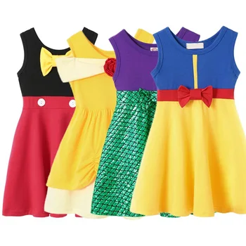 

MUABABY Girl Summer Dress Children Mickey Belle Ariel Snow White Sleeveless Casual Cotton Costume Kids Birthday Princess Clothes