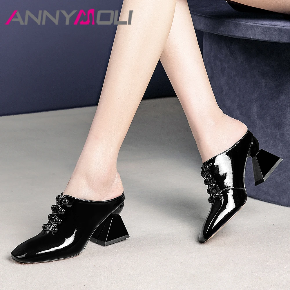 

ANNYMOLI Women Mules Shoes High Heels Natural Cow Leather Strange Style High Heel Shoes Real Leather Square Toe Pumps Female 39