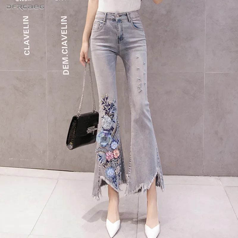 Высокая Талия 3D цветок Бисер Mom Jeans Femme 2019 летняя уличная одежда большого размера винтажные женские джинсы женские Тощий Жан брюки