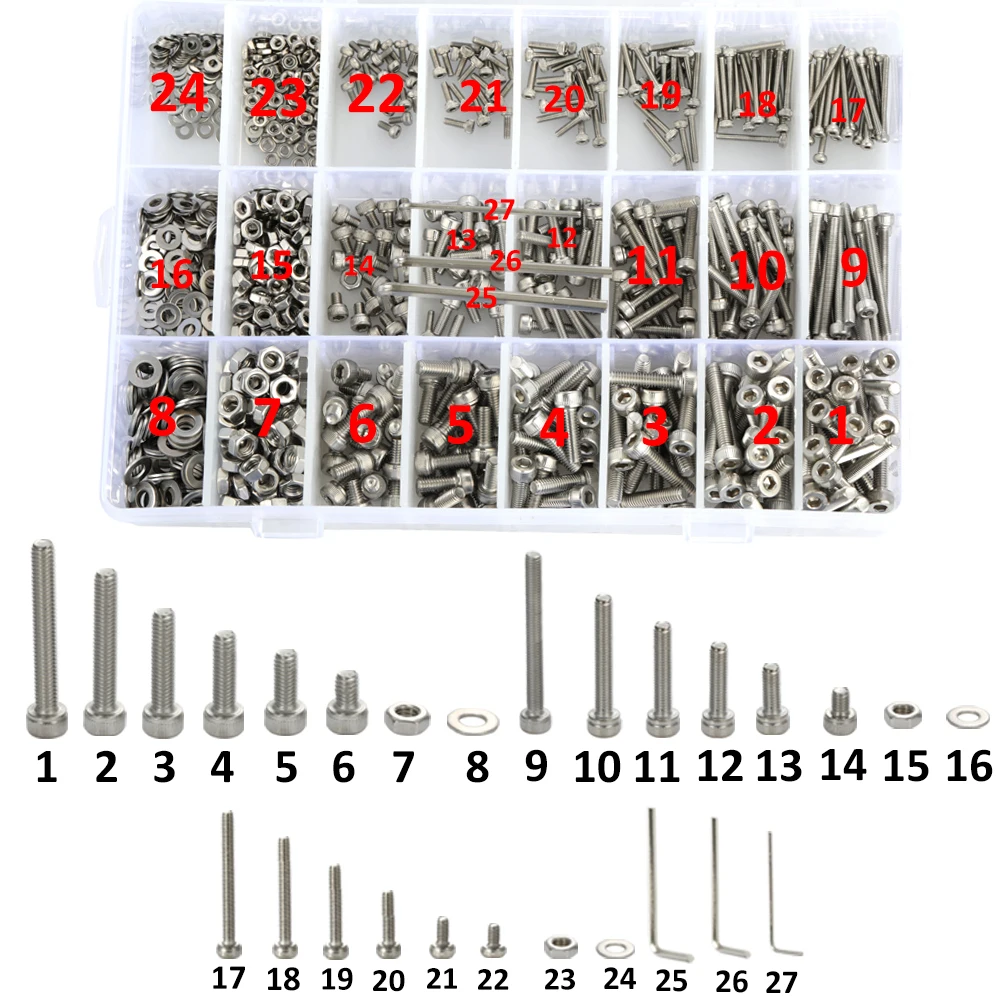 

1080pcs Stainless Steel Screw and Nut Hex Wrenches Flat Washer Assortment Set Kit with Storage Box good quality and easy to use