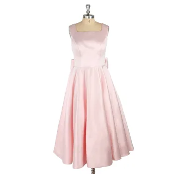 

Pink Bow Satin Square Collar A-Line Floor-Length Backless Prom Dress Formal Event