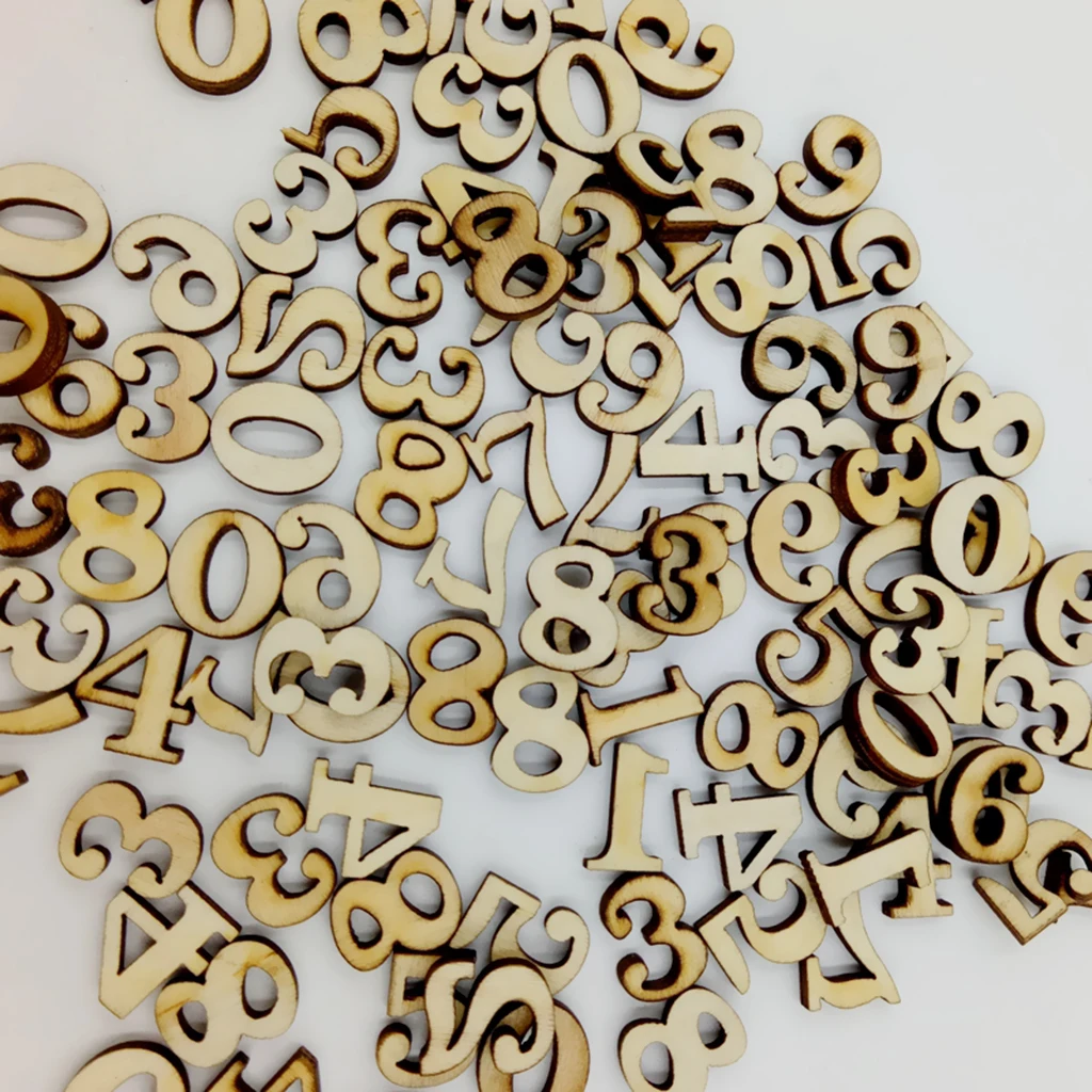 200 Pieces Unfinished Wooden Pieces Arabic Numbers Embellishment for DIY Kids Toys Crafts