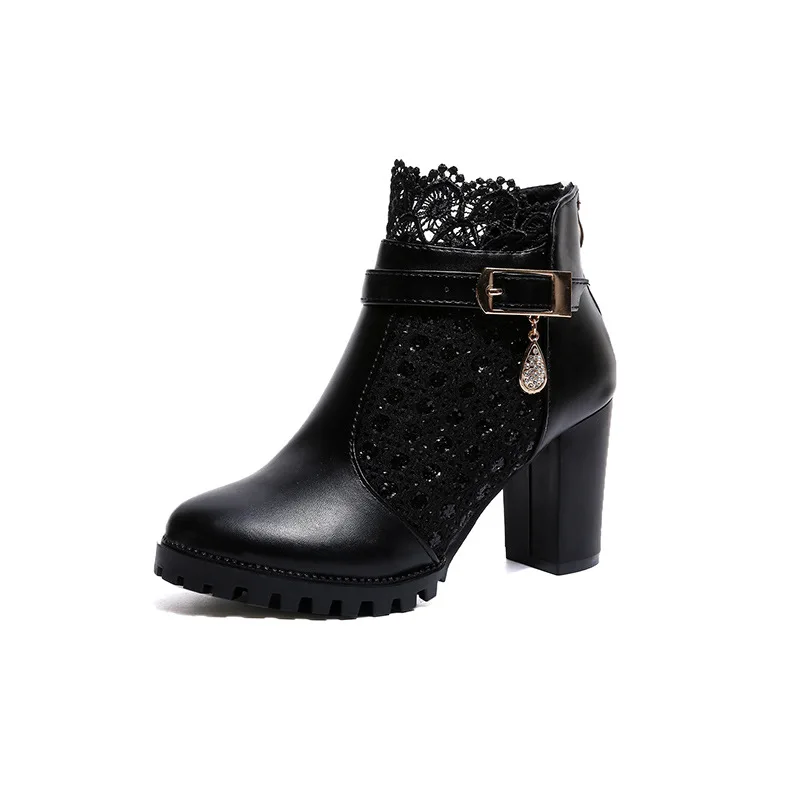 

2019 new Korean lace lace round head high heel sandals thick with rhinestone women's boots black ljj 0228