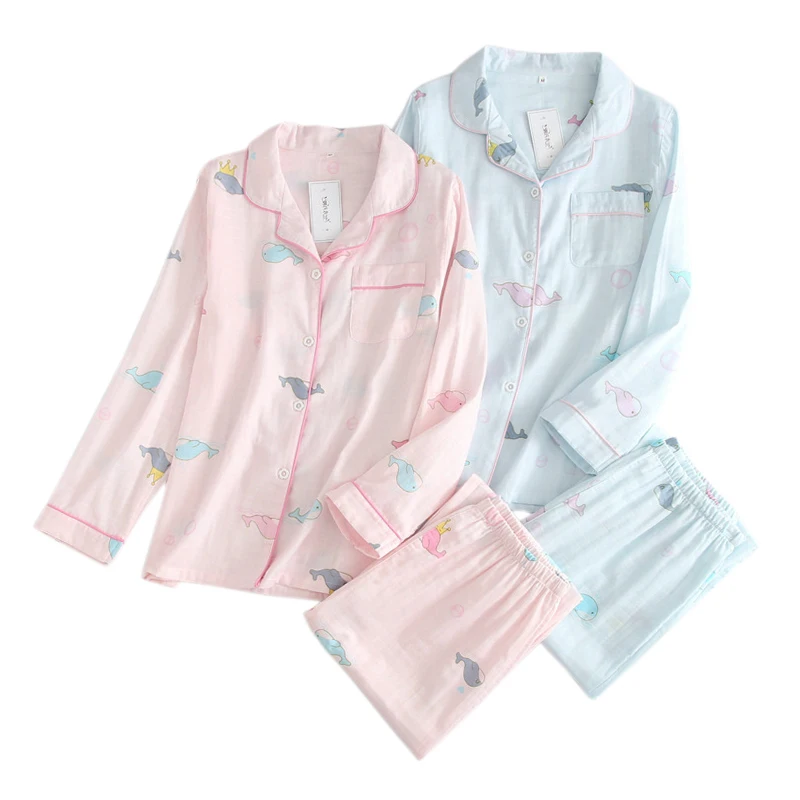 

2019 Fresh cartoon 100% gauze cotton pajama sets women summer thin long sleeve casual cozy sleepwear spring women pyjamas