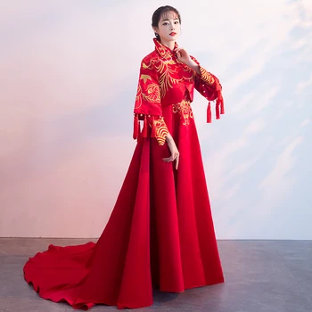 

Ancien Bride Wedding Party Dress Gown Red Tasseling Long Sleeve Qipao Suit Chinese Style 2pcs Coat+cheongsam Vintage Vestidos