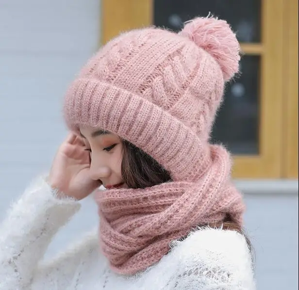 Женские шапки, Осень-зима, модные брендовые шапки, шарф, вязанный, две части, для женщин, Gorros, повседневная шапка, шарф, Chapeu Feminino Bonet - Цвет: pink