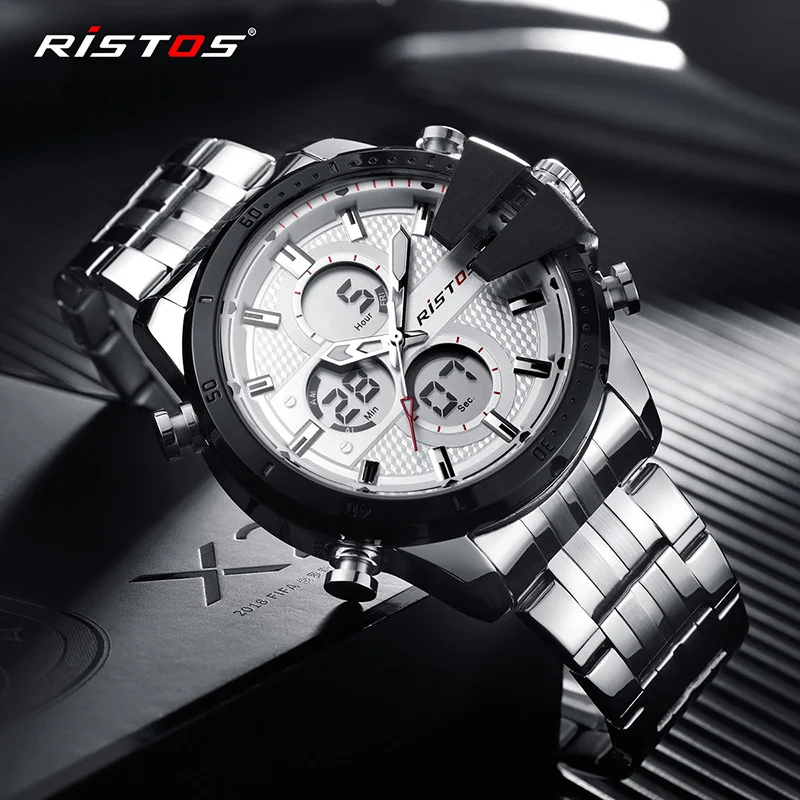

RISTOS Men Watch Top Luxury Brand Quartz Wristwatch Sports Chronograph Clock Male Stainless Steel Band Fashion Business Watches