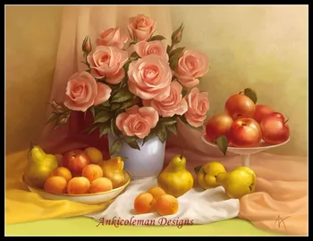 

Embroidery Counted Cross Stitch Kits Needlework - Crafts 14 ct DMC DIY Arts Handmade Decor - Pink Roses and Fruits
