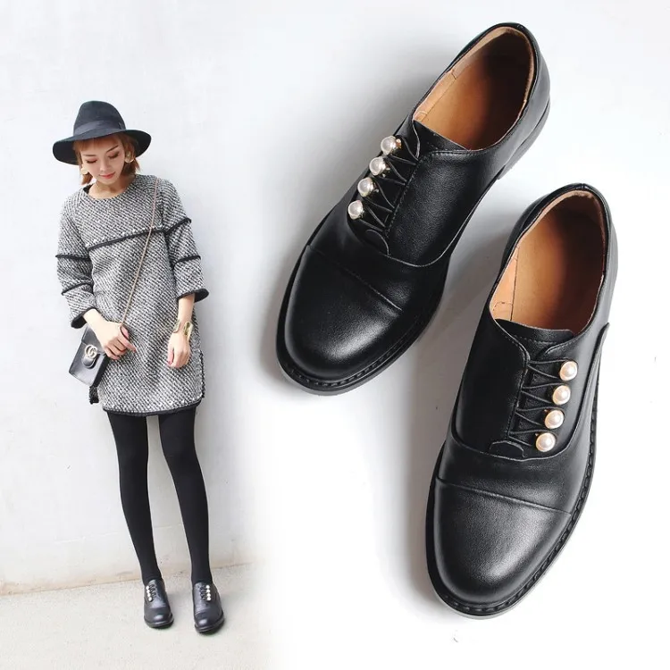 

PXELENA Genuine Leather Oxfords Women Retro British Pearl Round Toe Derby Shoes Casual Loafers Lady 2019 Spring Plus Size 34-43