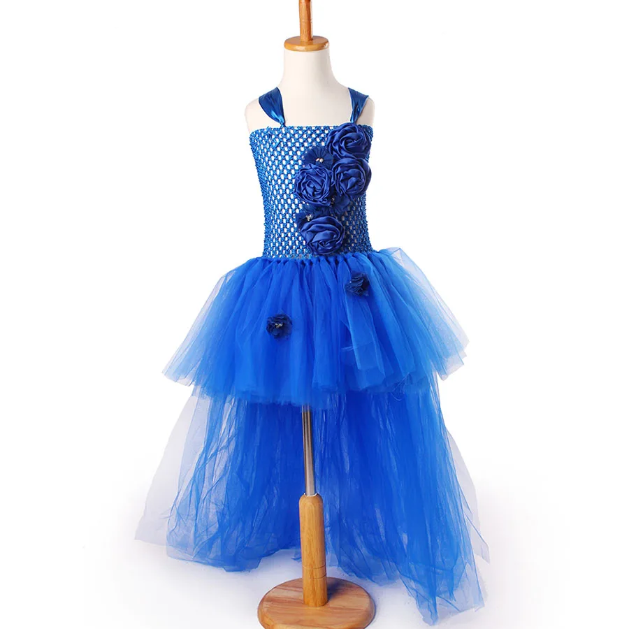Kids Princess Blue Flowers Long Tail Tutu Dress Baby Girls Summer Tulle Wedding (11)