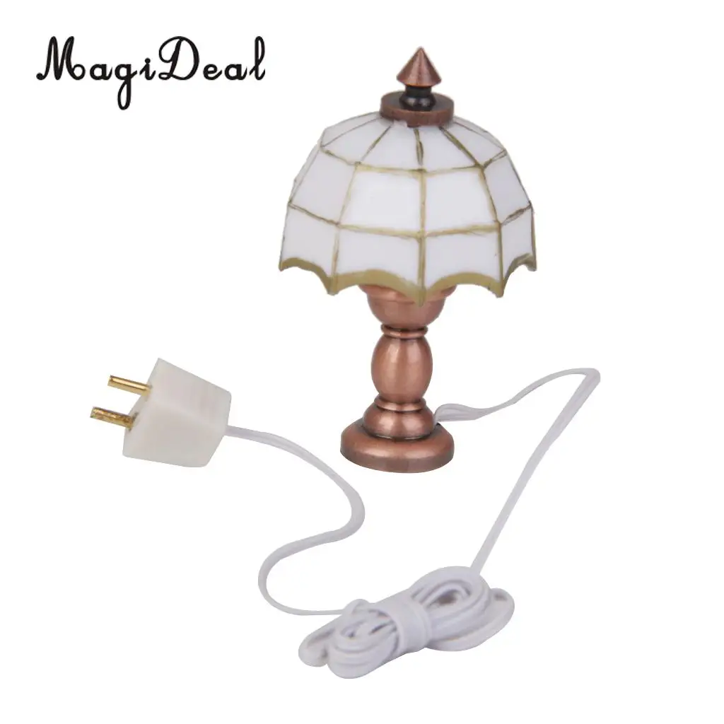 MagiDeal 1Pc 1/12 Dollhouse Miniature White Shade Light Desk Table Reading Lamp for Dolls Bedroom Living Room Home Decor Acc 12V