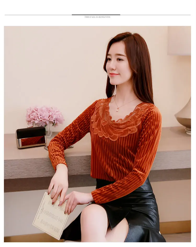 Winter Lace Patchwork Velour Blouse Women Plus Size Tops Ladies Casual Long Sleeve Femme Shirt Autumn Terciopelo Blusas Mujer (4)