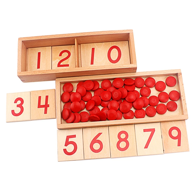

Montessori Cards & Counters Wooden Box Digitals Numbers 1-10 55 Red Counters Educational Preschool Game Toys for Children Gifts