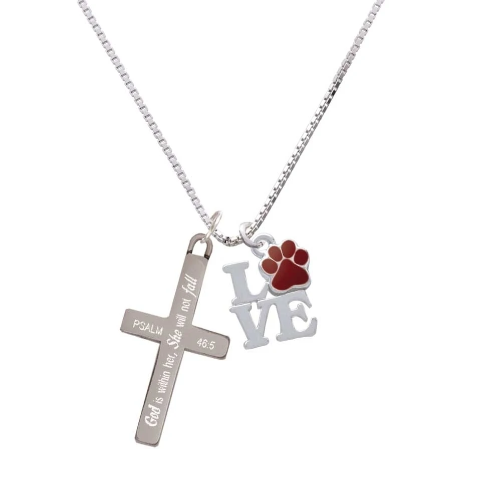Love with Maroon Paw - She will not Fall - Cross Necklace