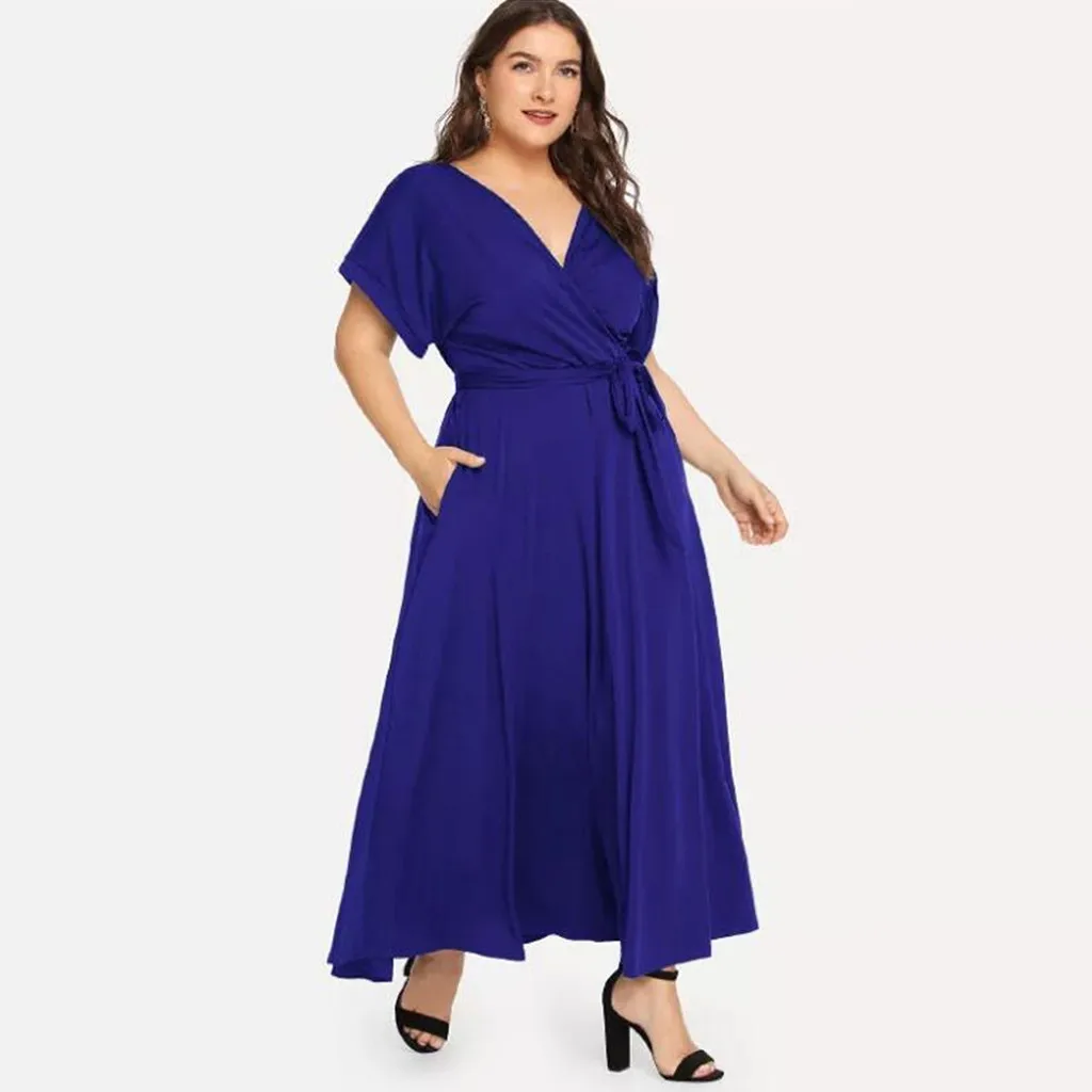 Летнее свободное комфортное женское однотонное платье Макси большого размера с коротким рукавом и v-образным вырезом на бретелях Элегантное Длинное Вечернее Платье размера плюс - Цвет: Синий