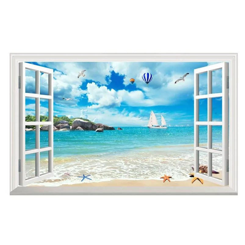 3D Wall Stickers Star Galaxy Space Beach Ship Home Decor Art Fake Window New Wall  Removable Stickers Adesivo De Parede 30MR712