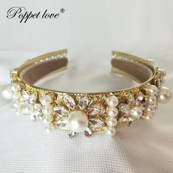 

Wholesale Gold Prom Accessories Baroque Queen Women Crown Round Imperial Medieval Gold Rhinestone Tiara