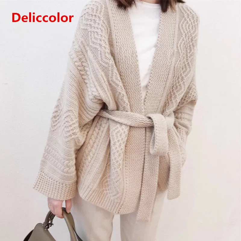 

18 Autumn Winter Uniform code Cardigan sweater Fashion Womens Knitted sweater belt loose Female oversized Cardigan Sweater
