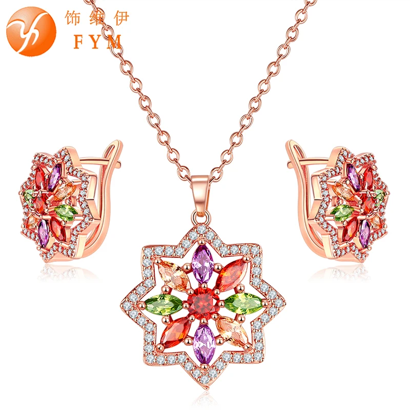 

FYM Luxury Rose Gold Color Flower Jewelry Sets For Women Colorful AAA Cubic Zirconia Wedding Engagement Jewelry Accessories