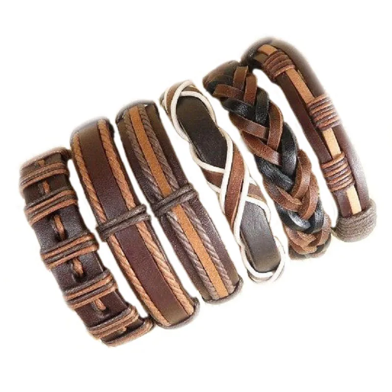 

Handmade Fashion 2019 Wholesale 6pcs brown punk bracelet leather for men femme adjustable bracelet bangle pulseira masculina