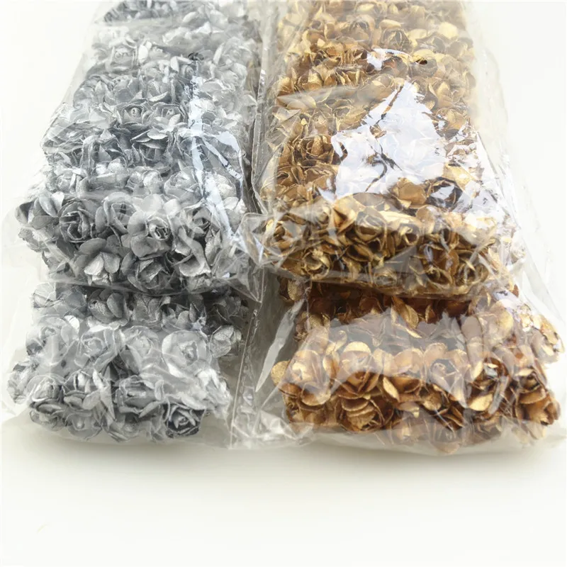 

Wholesale 144/lot One packs Head 2cm Gold Silver Plum Artificial Mini Paper Rose Scrapbooking Wedding Decorations Handicrafts