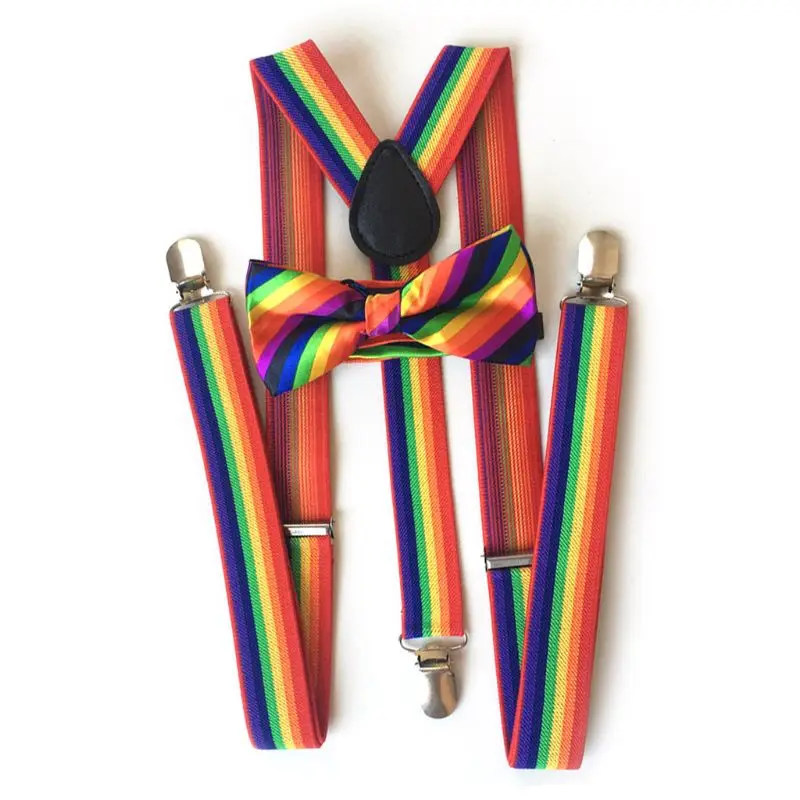 

Fashion Bow Tie Strap Clip Set Rainbow Striped Leading Knot Adult Unisex Bib Pants Replacement Straps Accessories