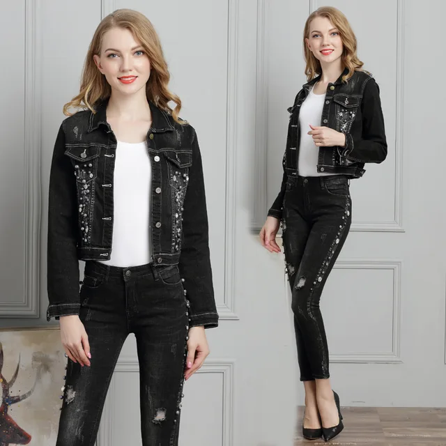 2017 Black Denim Jeans Women 2 Piece set Crop Jacket and Pencil Jeans Beading Tracksuit Jeans Denim Set Women Two Piece Sets