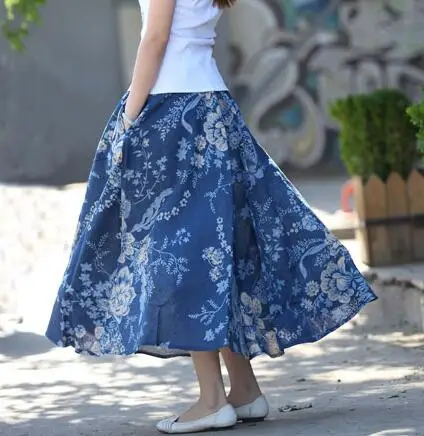Льняная юбка половинной-полная длина Весна-осень облегающая бюст юбка в богемном стиле юбка-расширение юбка синий