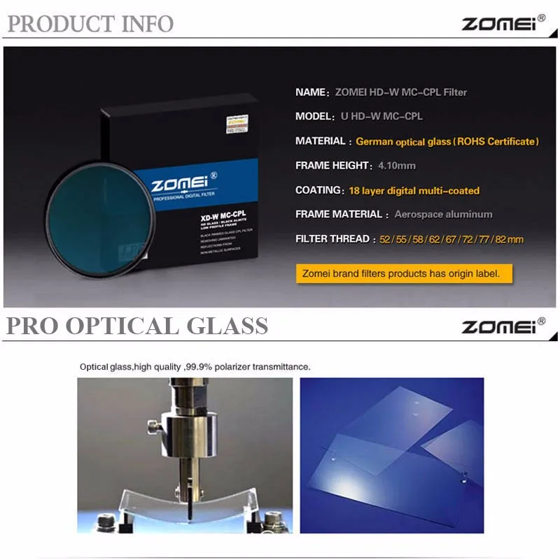 Zomei HD Galss PRO CPL круговой поляризатор поляризационный фильтр для объектива камеры 49 мм 52 мм 55 мм 58 мм 62 мм 67 мм 72 мм 77 мм 82 мм