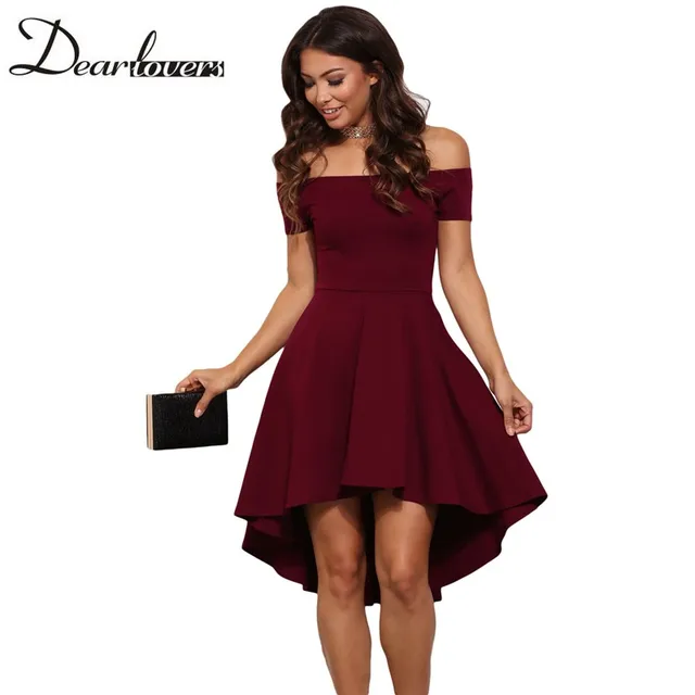 Dear lover Elegant Party Dresses 2017 Burgundy All The Rage Slash Neck Off Shoulder Skater Dress Formal High Low Dresses LC61346