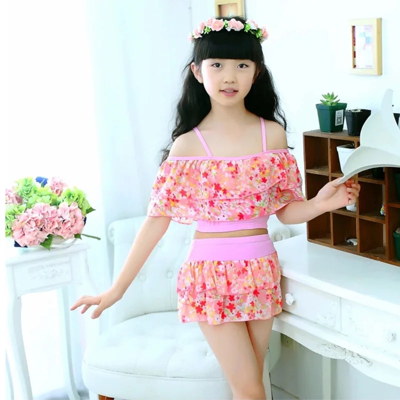 Girls Two Pieces Suits For Swimming Children Polyester Swimwear Kids