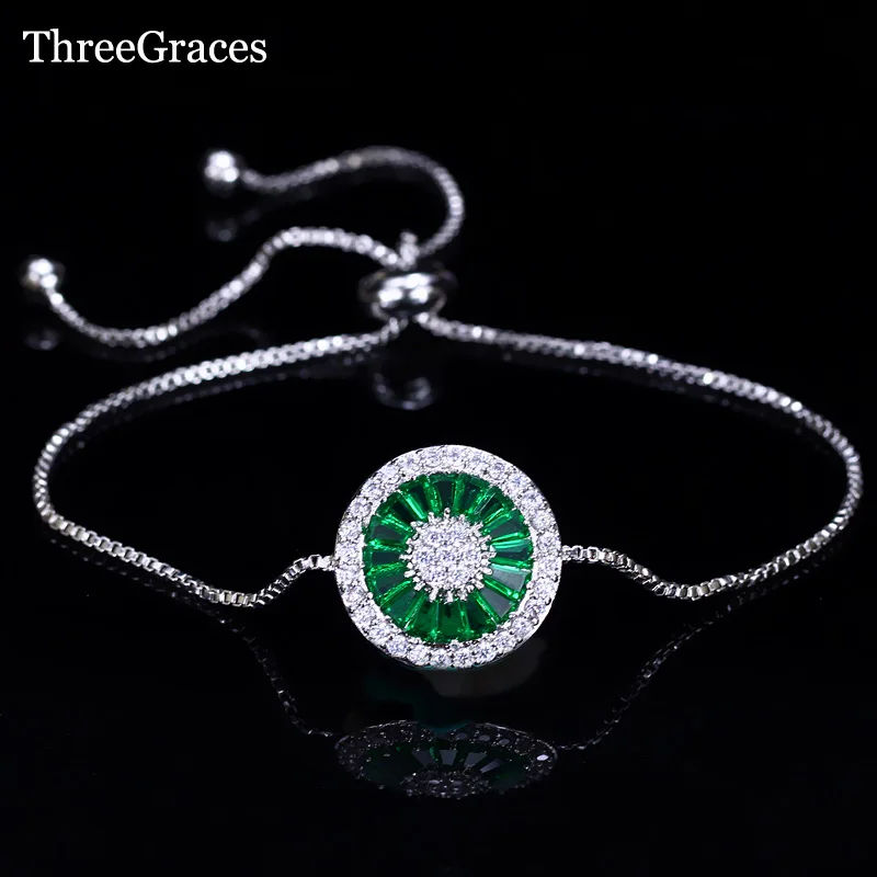 

ThreeGraces 3 Color Fashion Chain Link Bracelets Green Blue Cubic Zirconia Round Shape Ajustable Size Women Charm Jewelry BR121