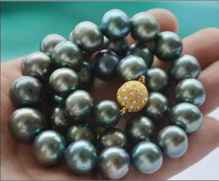 

HUGE 18"11-12MM NATURAL TAHITIAN GENUINE BLACK GREYISH GREEN PEARL NECKLACE