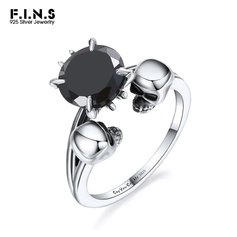 

F.I.N.S Authentic 925 Sterling Silver Skull Rings Gothic Punk Black Clear Cubic Zirconia Unisex Engagement Ring Bijoux Femme