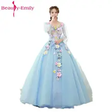 Красивое синее длинное бальное платье-светильник Emily, бальные платья, платья принцессы для девочек, вечерние платья с v-образным вырезом и коротким рукавом на шнуровке
