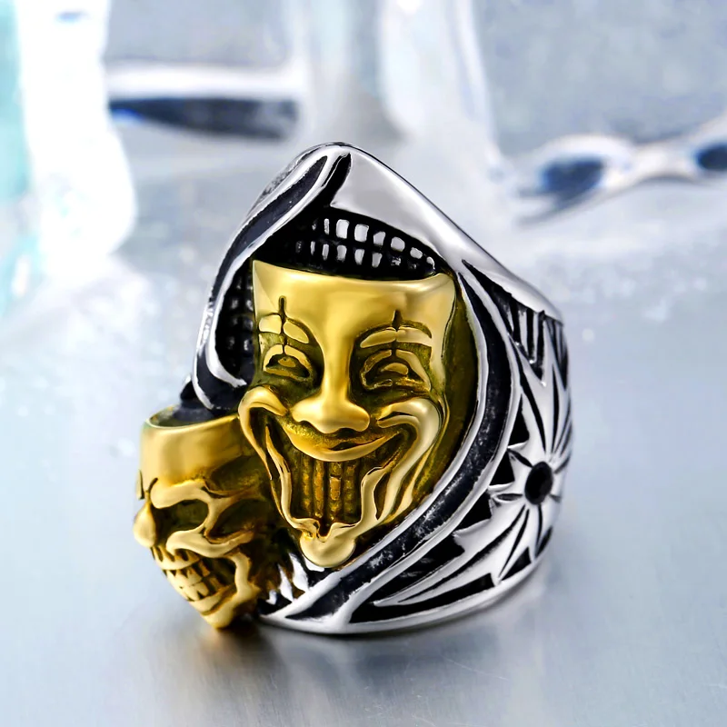 Байер 316L Нержавеющая сталь Новый Дизайн счастья и печали клоун череп кольцо для