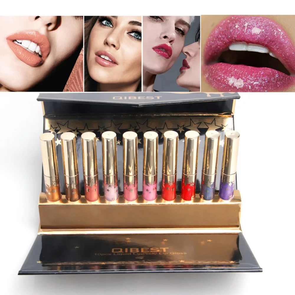 

10PCS Set Matte Liquid Lipstick Matte Velvet Lip Gloss lasting Non stick Cup waterproof Makeup Metallic Shimmer Lip Glaze Set